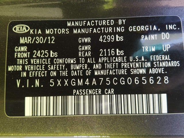 Продаж на аукціоні авто 2012 Kia Optima Lx, vin: 5XXGM4A75CG065628, номер лоту: 44768467