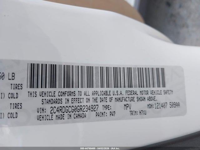 44768469 :رقم المزاد ، 2C4RDGCG0GR234927 vin ، 2016 Dodge Grand Caravan Sxt مزاد بيع