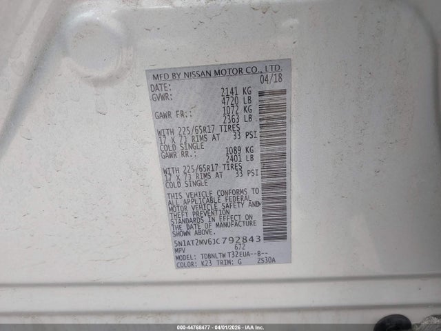 2018 Nissan Rogue Sv მანქანა იყიდება აუქციონზე, vin: 5N1AT2MV6JC792843, აუქციონის ნომერი: 44768477