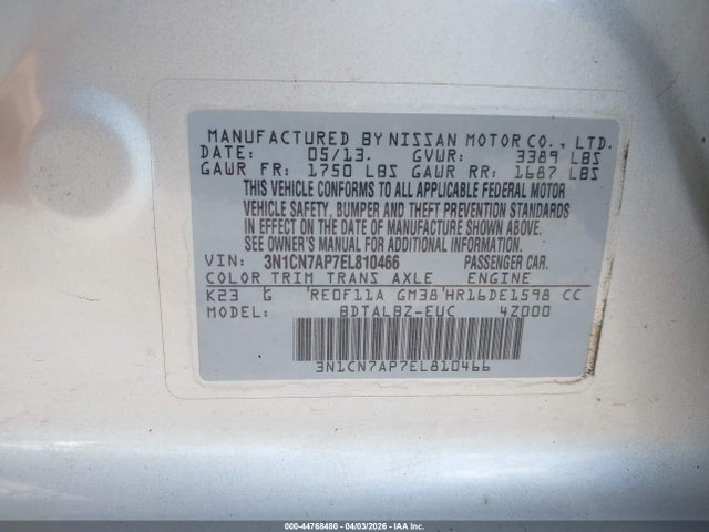 3N1CN7AP7EL810466 Nissan Versa 1.6 Sv