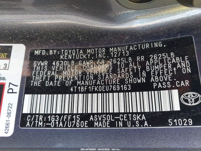 44768486 :رقم المزاد ، 4T1BF1FK0EU769163 vin ، 2014 Toyota Camry Se مزاد بيع