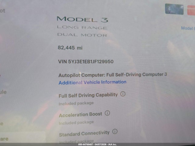 44768487 :رقم المزاد ، 5YJ3E1EB1JF129950 vin ، 2018 Tesla Model 3 Long Range/performance مزاد بيع