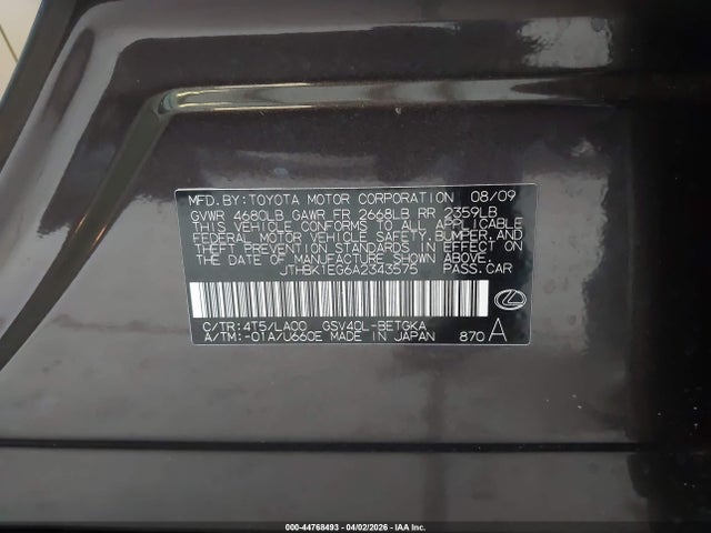 Aukcja sprzedaży 2010 Lexus Es 350, vin: JTHBK1EG6A2343575, numer aukcji: 44768493