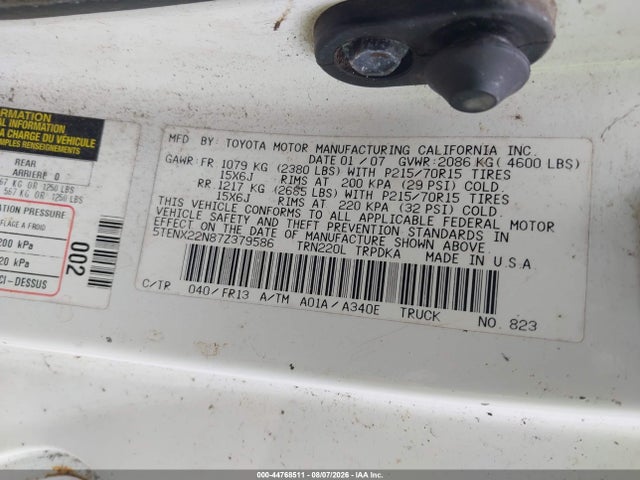 Aukcja sprzedaży 2007 Toyota Tacoma, vin: 5TENX22N87Z379586, numer aukcji: 44768511