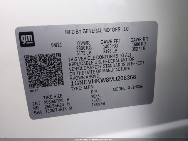 Aukcja sprzedaży 2021 Chevrolet Traverse Awd Lt Leather, vin: 1GNEVHKW8MJ208366, numer aukcji: 44768513