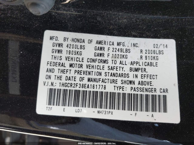 Honda ACCORD LX 2014 1HGCR2F38EA161778 Image 9