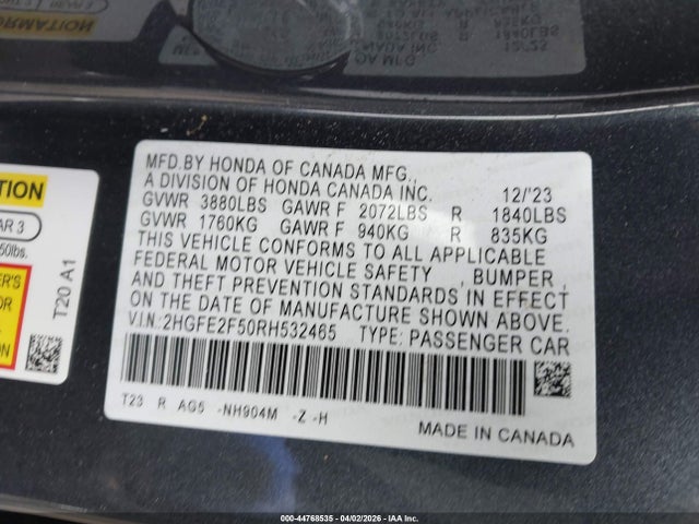 44768535 :رقم المزاد ، 2HGFE2F50RH532465 vin ، 2024 Honda Civic Sport مزاد بيع