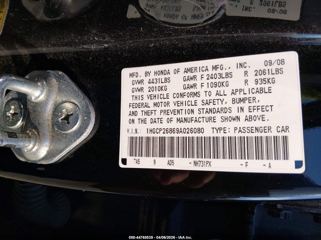 Aukcja sprzedaży 2009 Honda Accord 2.4 Ex-l, vin: 1HGCP26869A026080, numer aukcji: 44768539