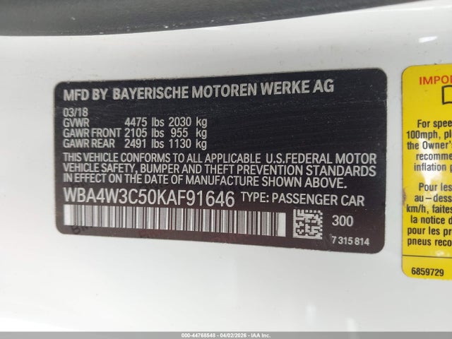 2019 Bmw 430i მანქანა იყიდება აუქციონზე, vin: WBA4W3C50KAF91646, აუქციონის ნომერი: 44768548