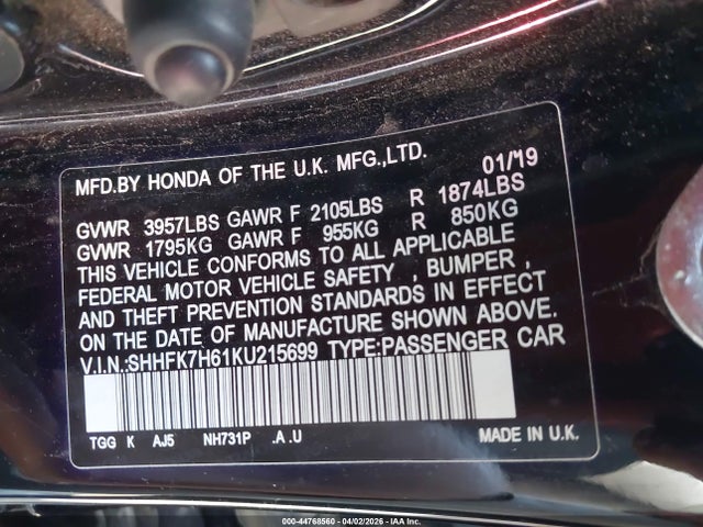 SHHFK7H61KU215699 Honda CIVIC EX