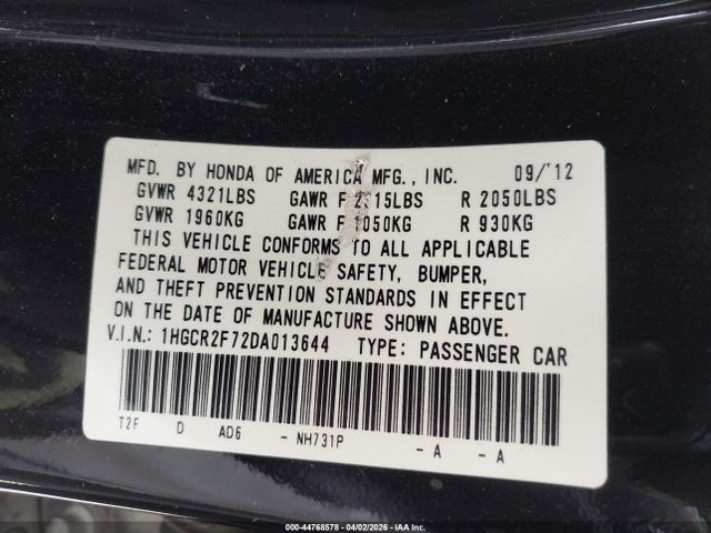 44768578 :رقم المزاد ، 1HGCR2F72DA013644 vin ، 2013 Honda Accord Ex مزاد بيع