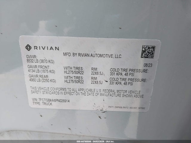 Продаж на аукціоні авто 2023 Rivian R1t Adventure/adventure Dual Motor Large Pack/adventure Dual Motor Max Pack, vin: 7FCTGBAA6PN026914, номер лоту: 44768586