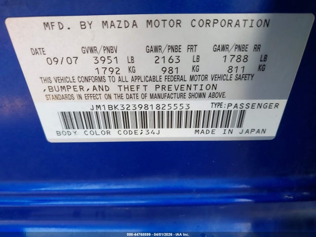 Aukcja sprzedaży 2008 Mazda Mazda3 S Grand Touring, vin: JM1BK323981825553, numer aukcji: 44768599