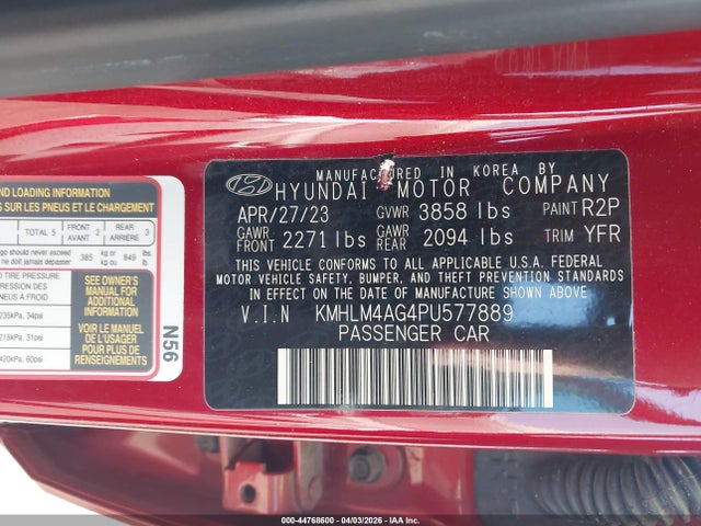 Продаж на аукціоні авто 2023 Hyundai Elantra Sel, vin: KMHLM4AG4PU577889, номер лоту: 44768600