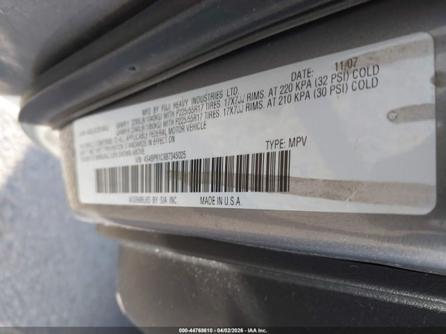 44768610 :رقم المزاد ، 4S4BP61C987345025 vin ، 2008 Subaru Outback 2.5i/2.5i L.l. Bean Edition مزاد بيع