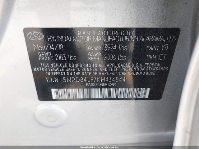 Aukcja sprzedaży 2019 Hyundai Elantra Limited, vin: 5NPD84LF7KH434844, numer aukcji: 44768681