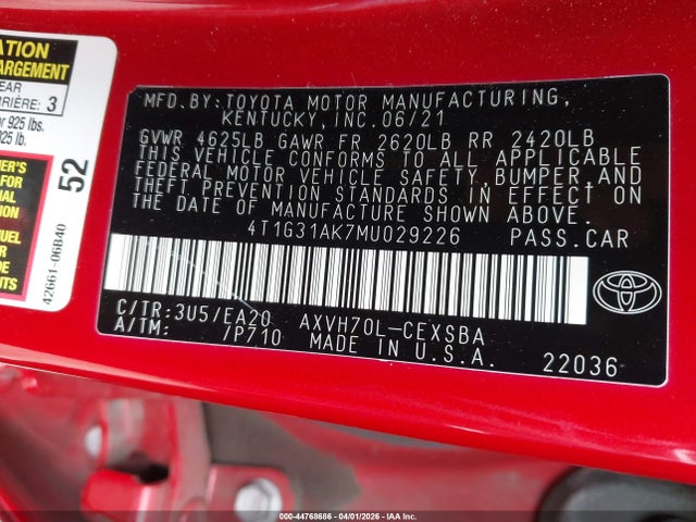 4T1G31AK7MU029226 Toyota Camry Se Hybrid