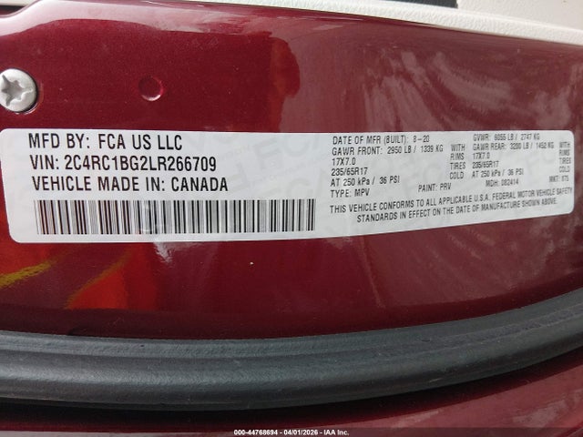 44768694 :رقم المزاد ، 2C4RC1BG2LR266709 vin ، 2020 Chrysler Pacifica Touring L مزاد بيع