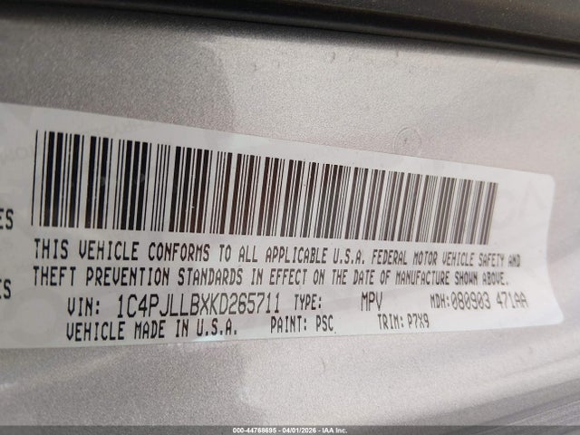 2019 Jeep Cherokee Latitude Plus Fwd მანქანა იყიდება აუქციონზე, vin: 1C4PJLLBXKD265711, აუქციონის ნომერი: 44768695