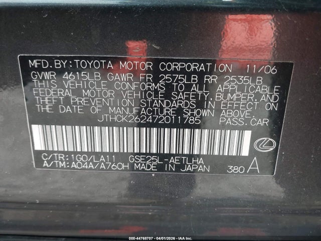 44768707 :رقم المزاد ، JTHCK262472011785 vin ، 2007 Lexus Is 250 مزاد بيع