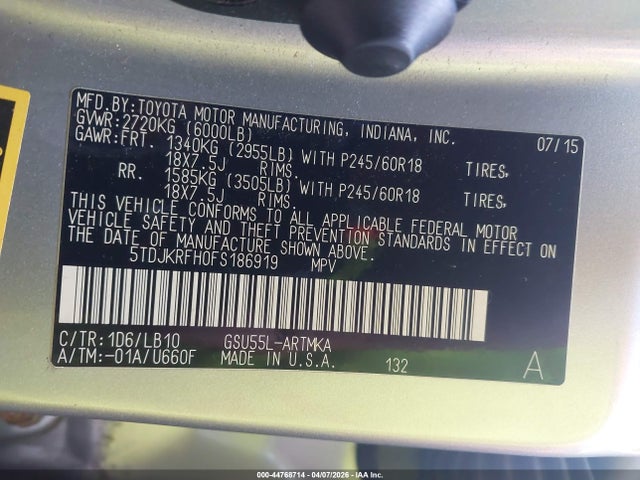 Продаж на аукціоні авто 2015 Toyota Highlander Xle V6, vin: 5TDJKRFH0FS186919, номер лоту: 44768714