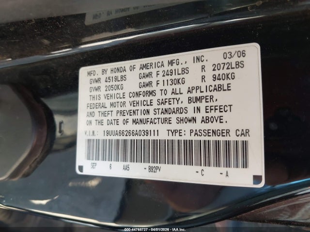 Aukcja sprzedaży 2006 Acura Tl, vin: 19UUA66266A039111, numer aukcji: 44768727