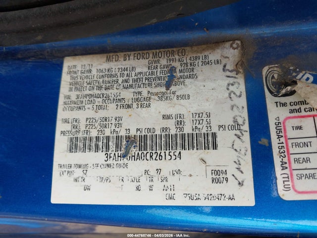 Aukcja sprzedaży 2012 Ford Fusion Se, vin: 3FAHP0HA0CR261554, numer aukcji: 44768746