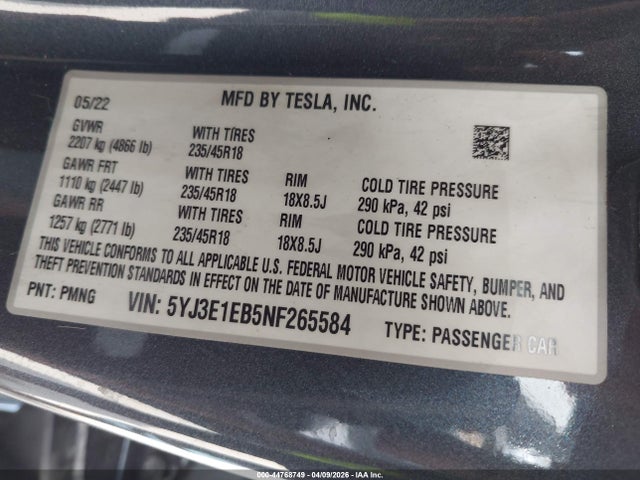 44768749 :رقم المزاد ، 5YJ3E1EB5NF265584 vin ، 2022 Tesla Model 3 Long Range Dual Motor All-wheel Drive مزاد بيع