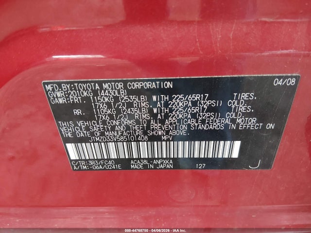 44768750 :رقم المزاد ، JTMZD33V585101408 vin ، 2008 Toyota Rav4 مزاد بيع