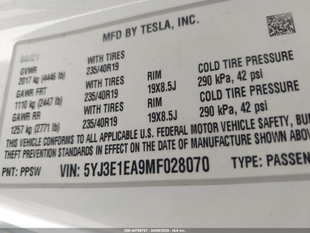 Tesla Model 3 Standard Range Plus Rear-wheel Drive 2021 5YJ3E1EA9MF028070 Image 9