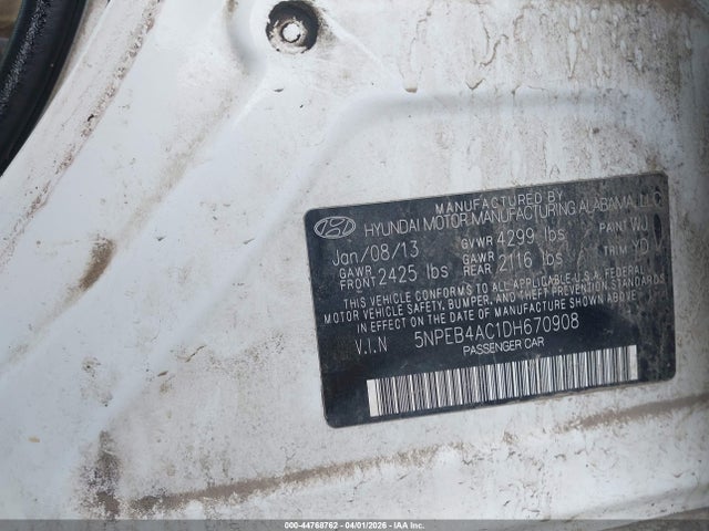 2013 Hyundai Sonata Gls მანქანა იყიდება აუქციონზე, vin: 5NPEB4AC1DH670908, აუქციონის ნომერი: 44768762