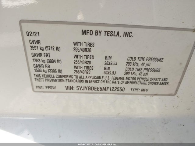Aukcja sprzedaży 2021 Tesla Model Y Long Range Dual Motor All-wheel Drive, vin: 5YJYGDEE5MF122550, numer aukcji: 44768770