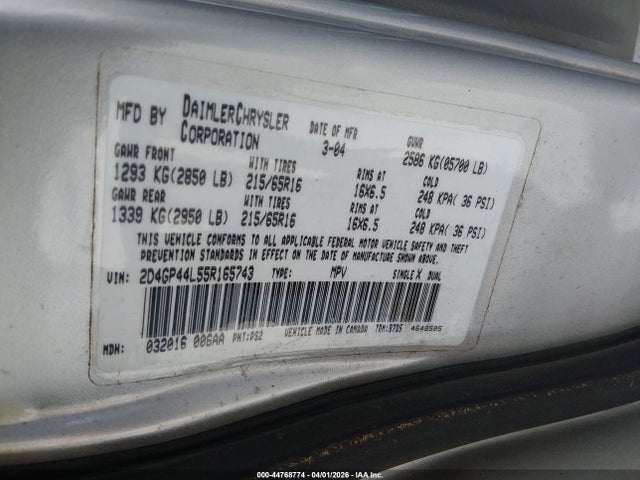 44768774 :رقم المزاد ، 2D4GP44L55R165743 vin ، 2005 Dodge Grand Caravan Sxt مزاد بيع