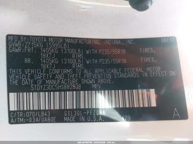 5TDYZ3DC5HS882838 Toyota Sienna Limited 7 Passenger