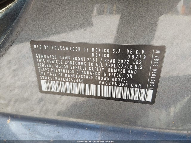 Aukcja sprzedaży 2019 Volkswagen Jetta 1.4t R-line/1.4t S/1.4t Se, vin: 3VWC57BU1KM257480, numer aukcji: 44768798