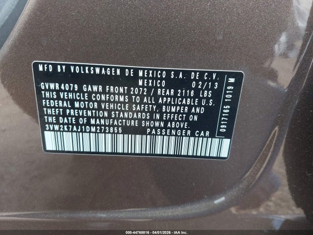 Продаж на аукціоні авто 2013 Volkswagen Jetta 2.0l S, vin: 3VW2K7AJ1DM273855, номер лоту: 44768816