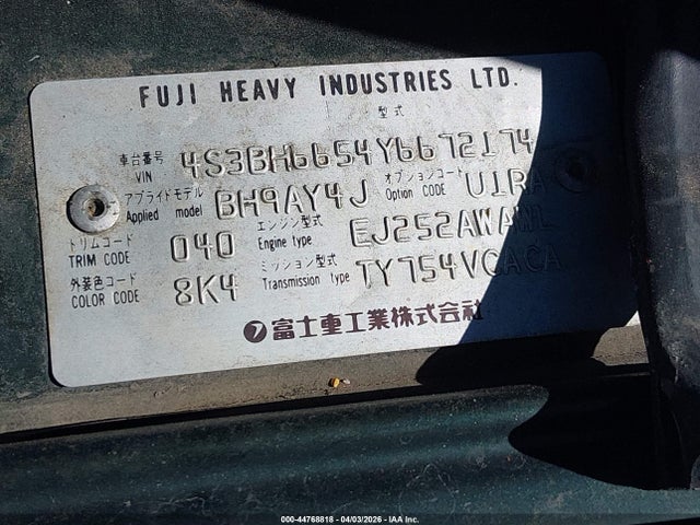 2000 Subaru Legacy Outback მანქანა იყიდება აუქციონზე, vin: 4S3BH6654Y6672174, აუქციონის ნომერი: 44768818