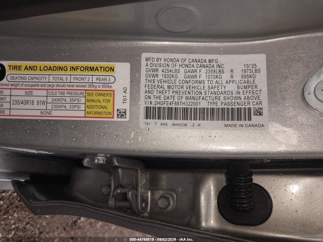 2026 Honda Civic Hybrid Sport/sport Touring მანქანა იყიდება აუქციონზე, vin: 2HGFE4F88TH322001, აუქციონის ნომერი: 44768819