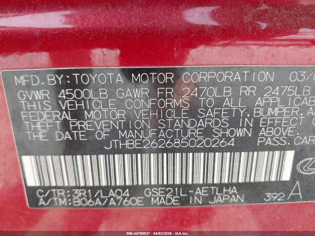 Aukcja sprzedaży 2008 Lexus Is 350, vin: JTHBE262685020264, numer aukcji: 44768827