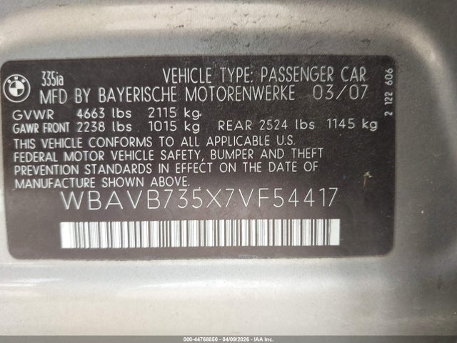 44768850 :رقم المزاد ، WBAVB735X7VF54417 vin ، 2007 Bmw 335i مزاد بيع