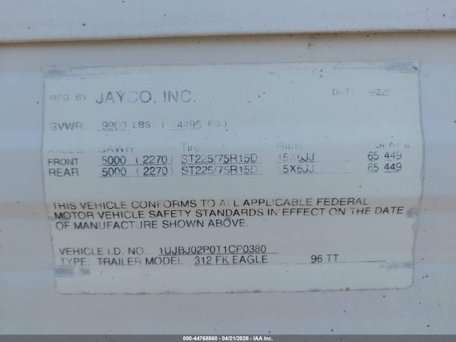 Продаж на аукціоні авто 1996 Jayco Camper Trailer, vin: 1UJBJ02P0T1CP0380, номер лоту: 44768860