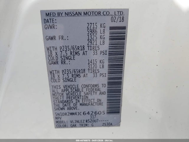 5N1DR2MM4JC642605 Nissan Pathfinder Sv