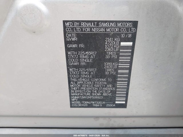 Aukcja sprzedaży 2019 Nissan Rogue S, vin: KNMAT2MV2KP506923, numer aukcji: 44768875
