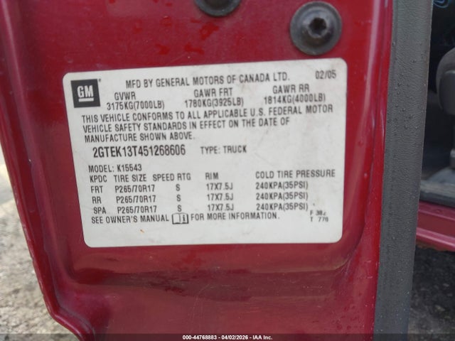 Aukcja sprzedaży 2005 Gmc Sierra 1500 Sle, vin: 2GTEK13T451268606, numer aukcji: 44768883