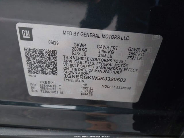 1GNERGKW5KJ320683 Chevrolet Traverse 1lt