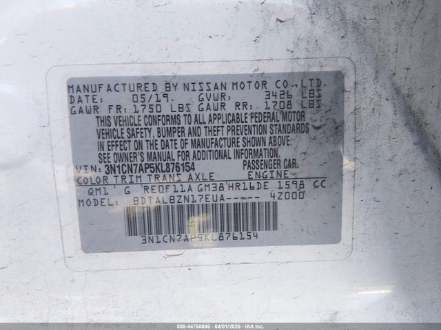 Aukcja sprzedaży 2019 Nissan Versa 1.6 Sv, vin: 3N1CN7AP5KL876154, numer aukcji: 44768896