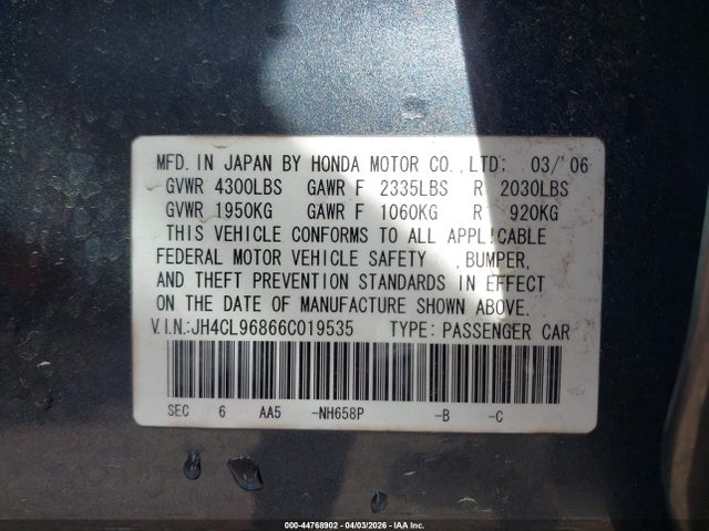 44768902 :رقم المزاد ، JH4CL96866C019535 vin ، 2006 Acura Tsx مزاد بيع