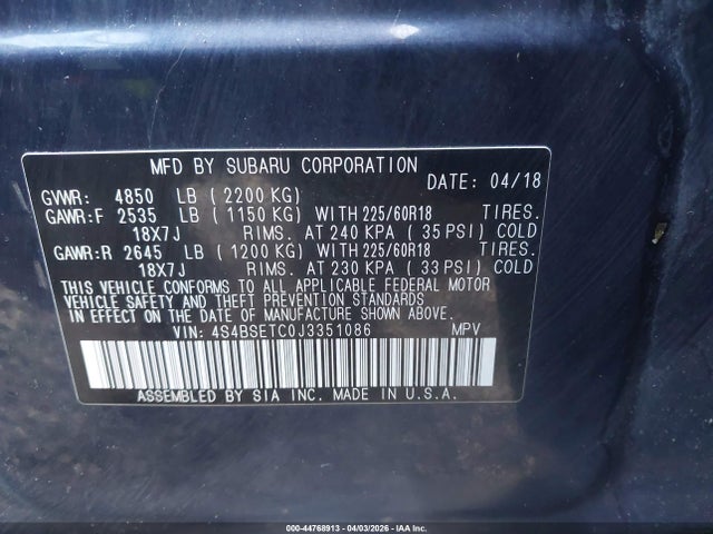 2018 Subaru Outback 3.6r Touring მანქანა იყიდება აუქციონზე, vin: 4S4BSETC0J3351086, აუქციონის ნომერი: 44768913