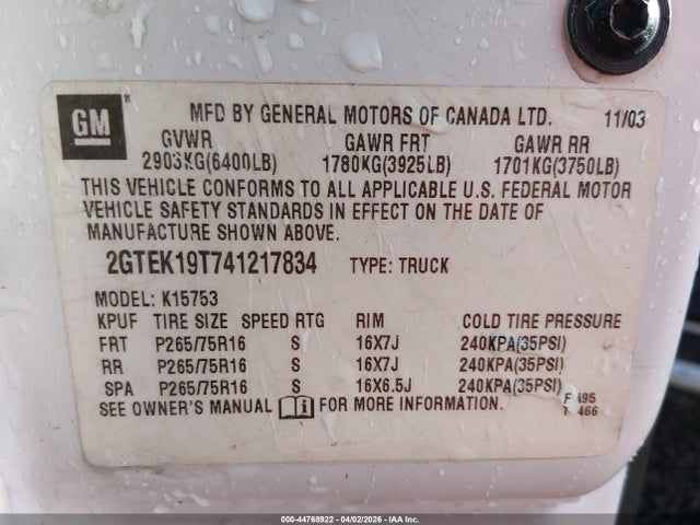 Aukcja sprzedaży 2004 Gmc Sierra 1500 Sle, vin: 2GTEK19T741217834, numer aukcji: 44768922