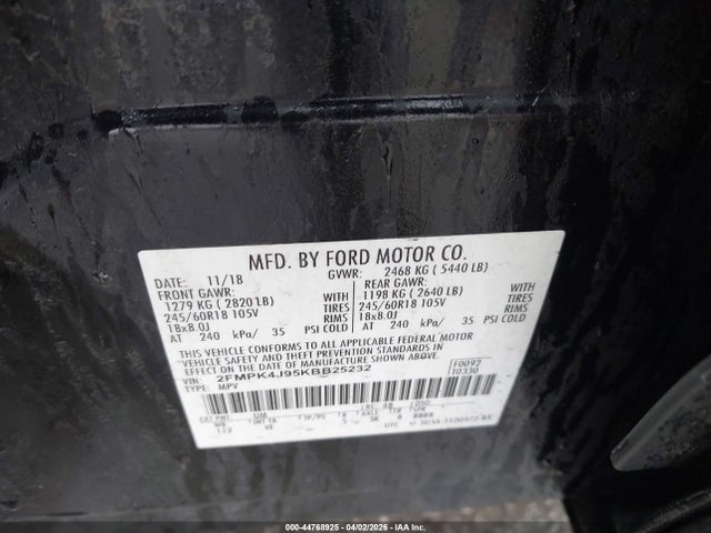 44768925 :رقم المزاد ، 2FMPK4J95KBB25232 vin ، 2019 Ford Edge Sel مزاد بيع